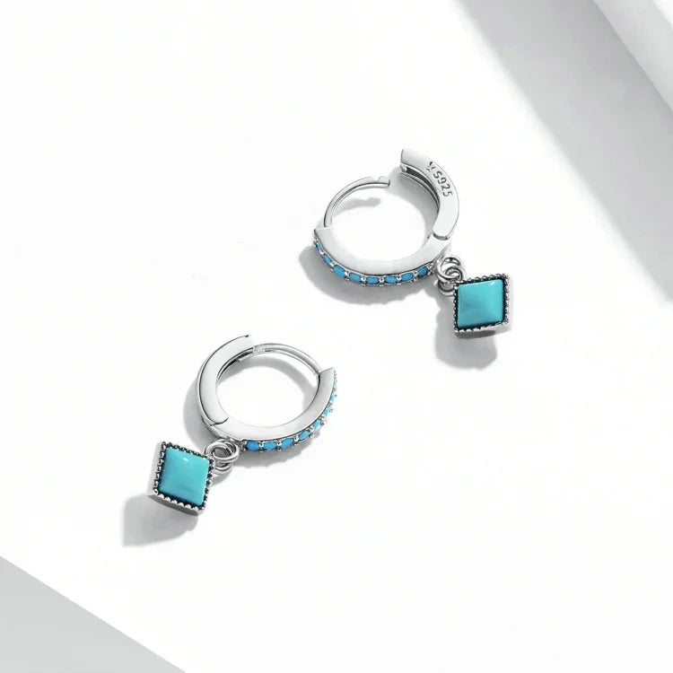 Boucles d'oreilles pour femme en argent sterling S925 avec turquoise rhomboïde, turquoise rhomboïde
