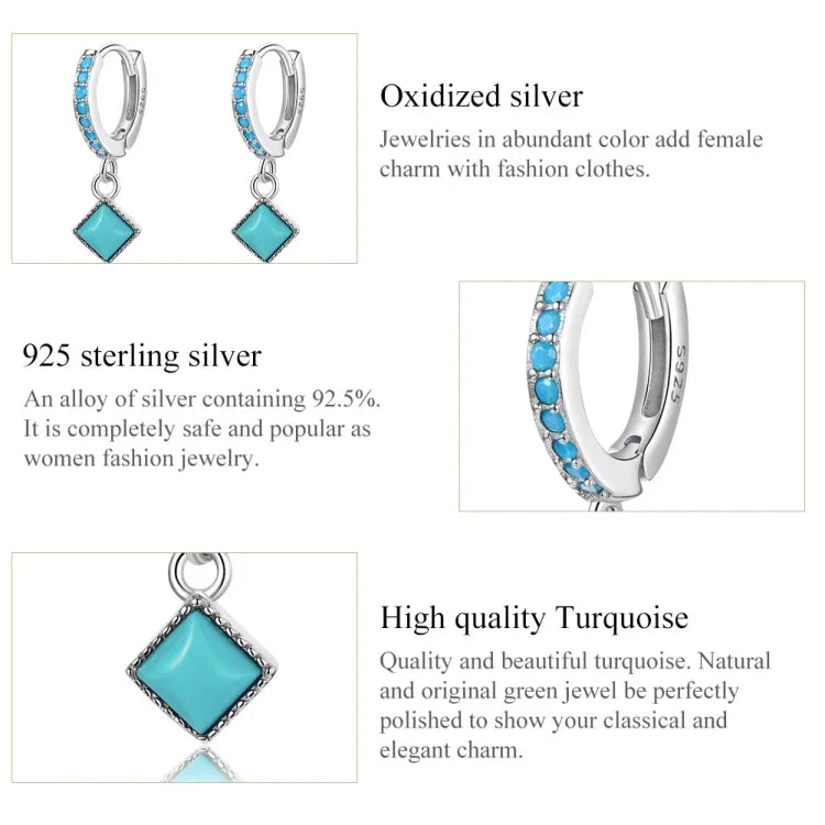 Boucles d'oreilles pour femme en argent sterling S925 avec turquoise rhomboïde, turquoise rhomboïde