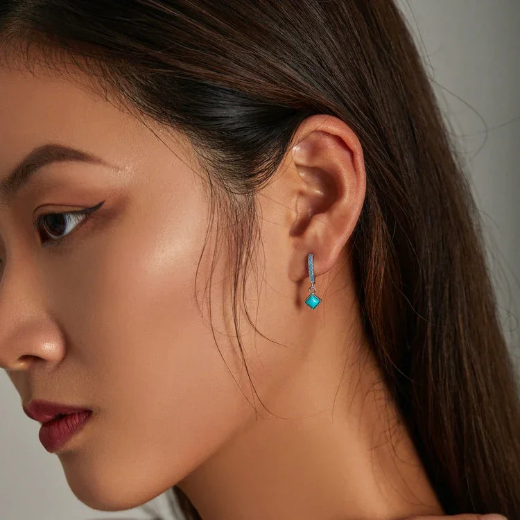 Boucles d'oreilles pour femme en argent sterling S925 avec turquoise rhomboïde, turquoise rhomboïde