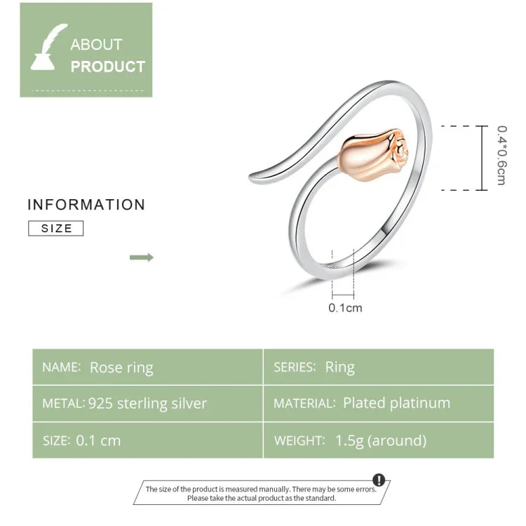Bague ouverte femme Rose en argent sterling S925, Rose