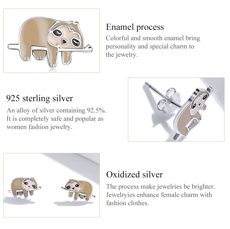 Puces d'oreilles paresseux mignonnes en argent sterling S925 pour femmes, Paresseux mignon