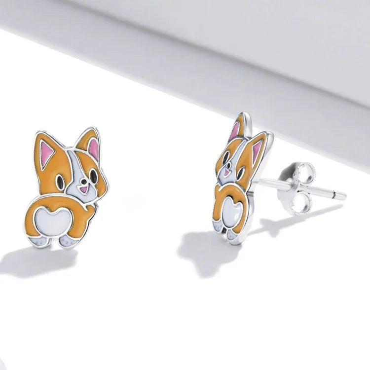 Boucles d'oreilles clous en argent sterling S925 pour femmes, motif Corgi mignon