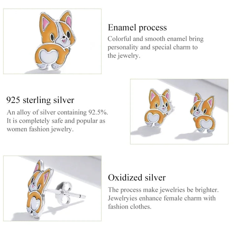 Boucles d'oreilles clous en argent sterling S925 pour femmes, motif Corgi mignon