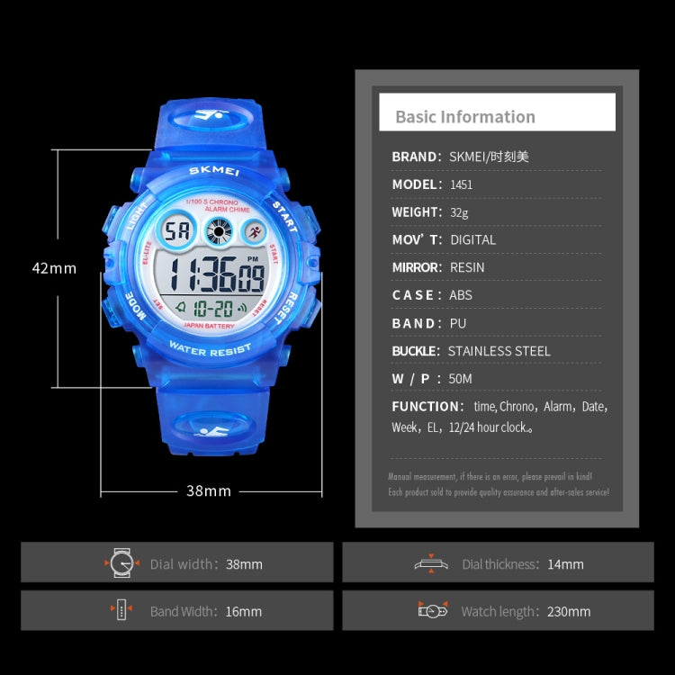 SKMEI 1451 LED Digital Stopwatch Chronograph Luminous Children Sports Electronic Watch, 1451(Yellow Shell Blue Circle), 1451(Black Shell Blue Circle), 1451(Transparent Pink Blue), 1451(Transparent Purple), 1451(Transparent Sky Blue)                    ...