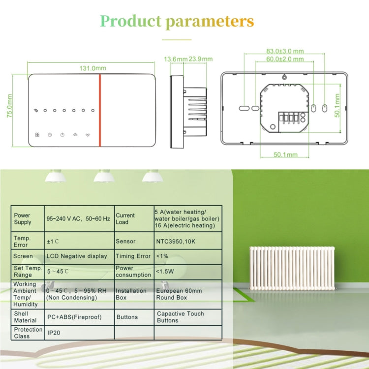 Thermostat de chauffage domestique intelligent BHT-005-GC 220V AC 3A pour boîte EU, contrôle chaudière avec capteur interne uniquement, BHT-005-GC