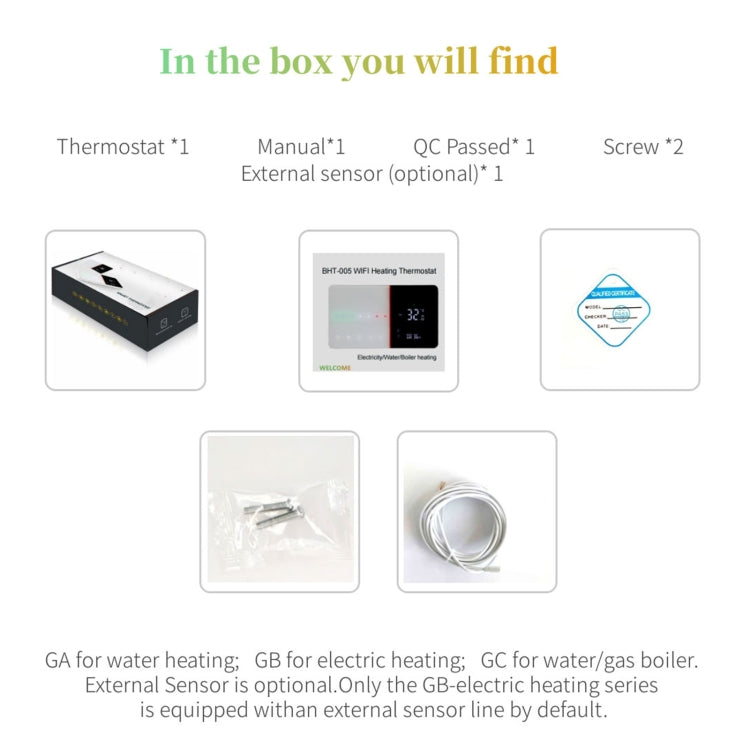 Thermostat de chauffage domestique intelligent BHT-005-GC 220V AC 3A pour boîte EU, contrôle chaudière avec capteur interne uniquement, BHT-005-GC