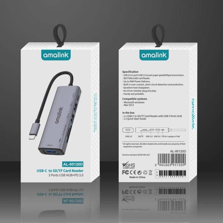 Station d'accueil multifonction amalink 95120D Type-C / USB-C vers SD/TF + 3 ports USB + PD 3.0, 95120D