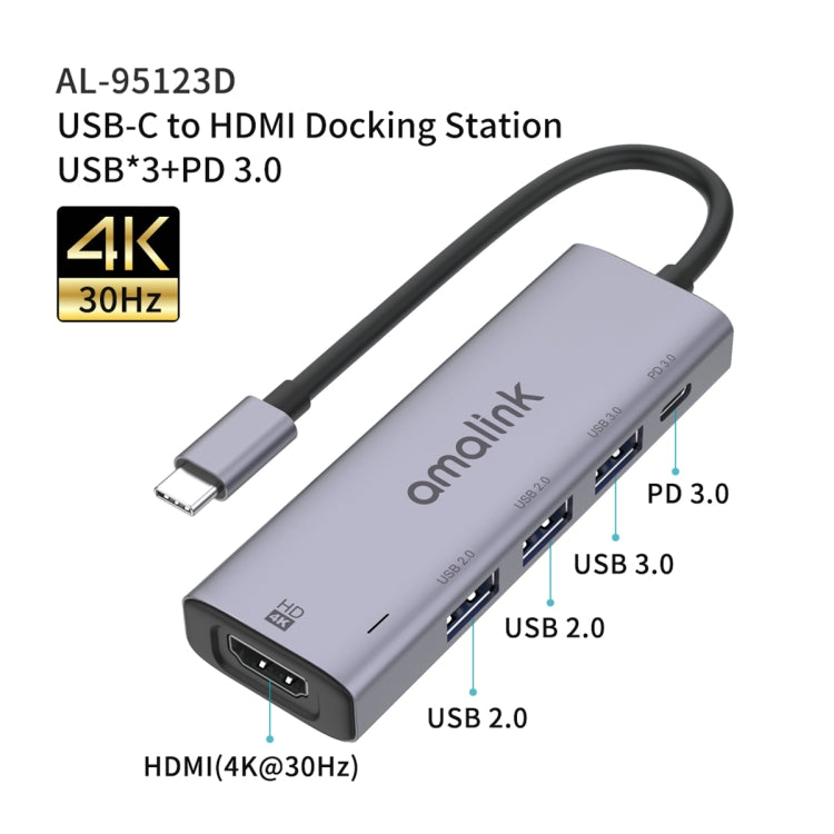 Hub multifonction amalink 95123D Type-C / USB-C vers HDMI + 3 ports USB + PD 3.0, 95123D