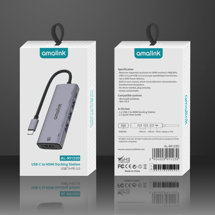 Hub multifonction amalink 95123D Type-C / USB-C vers HDMI + 3 ports USB + PD 3.0, 95123D
