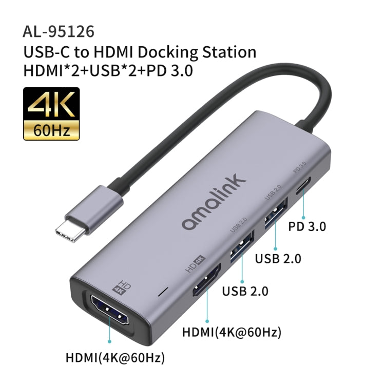 Hub multifonction amalink 95126 Type-C / USB-C vers double HDMI + 2 ports USB + PD 3.0, 95126