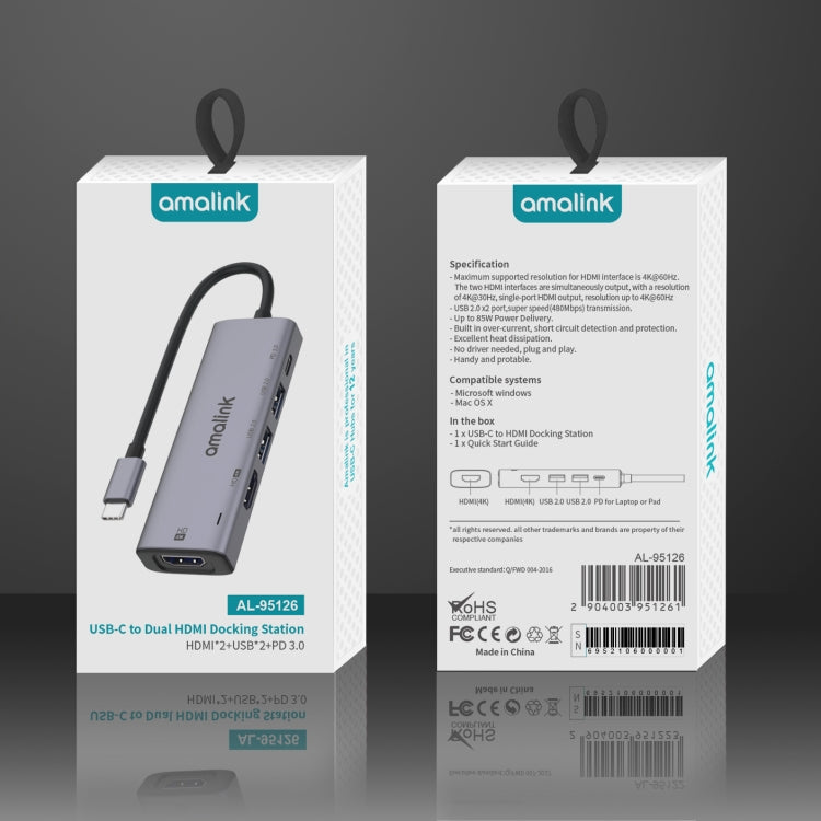 Hub multifonction amalink 95126 Type-C / USB-C vers double HDMI + 2 ports USB + PD 3.0, 95126