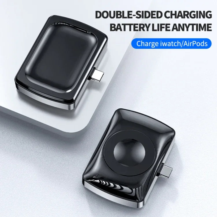 Chargeur sans fil double face JJT-997 pour écouteurs et montre, avec interface Type-C, compatible AirPods et Apple Watch.