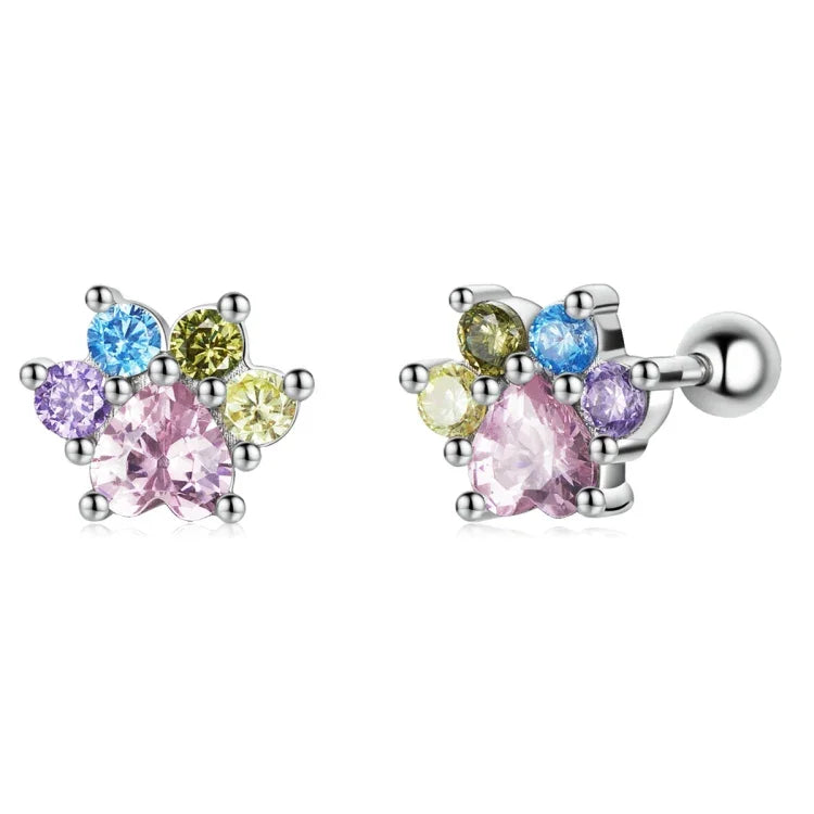 Boucles d'oreilles clous en argent sterling S925 serties de zircon coloré en forme de patte mignonne pour femmes, zircon coloré en forme de patte mignonne