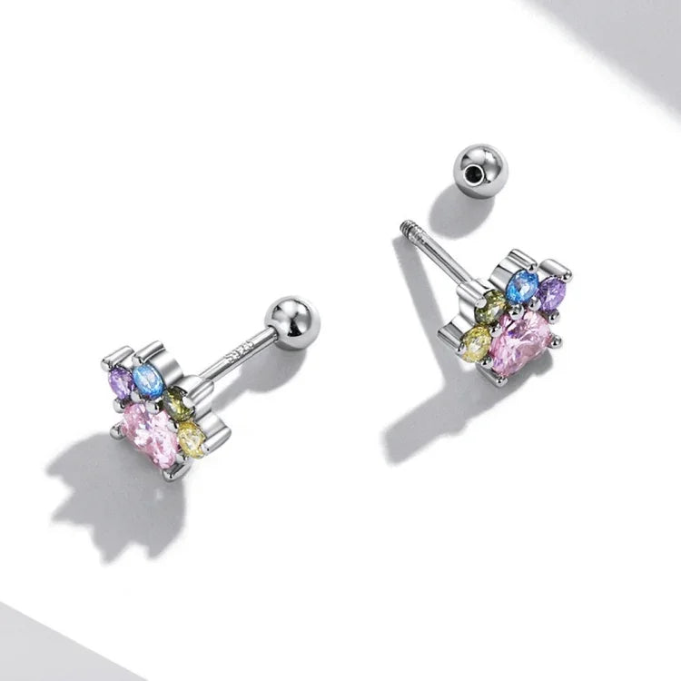 Boucles d'oreilles clous en argent sterling S925 serties de zircon coloré en forme de patte mignonne pour femmes, zircon coloré en forme de patte mignonne