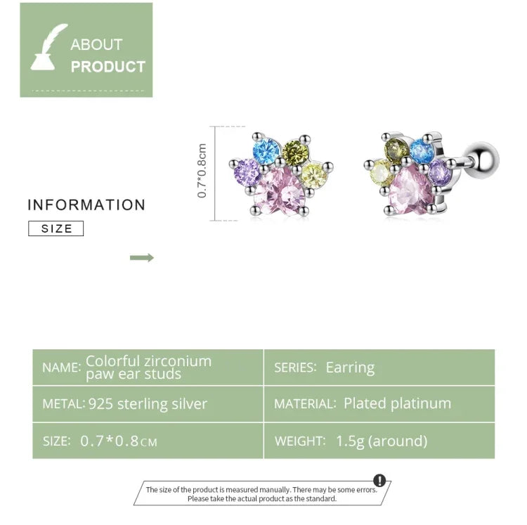 Boucles d'oreilles clous en argent sterling S925 serties de zircon coloré en forme de patte mignonne pour femmes, zircon coloré en forme de patte mignonne