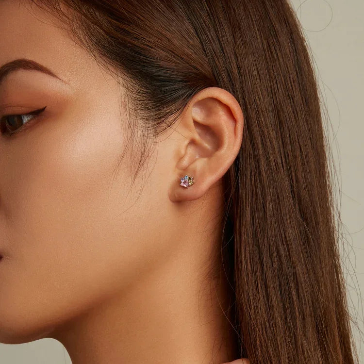 Boucles d'oreilles clous en argent sterling S925 serties de zircon coloré en forme de patte mignonne pour femmes, zircon coloré en forme de patte mignonne