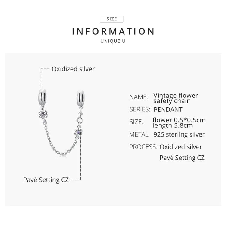 Chaîne de sécurité en argent sterling S925, motif fleur rétro, pour bracelet et collier, accessoires de bricolage, fleur rétro