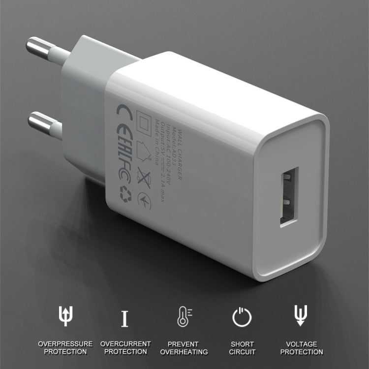 Chargeur de voyage IVON AD-33 2 en 1 2.1A port USB unique + câble de données USB vers 8 broches 1m, prise EU, prise US