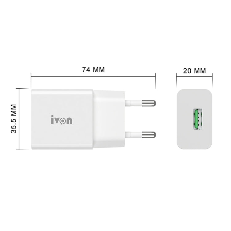Chargeur de voyage IVON AD-35 2 en 1 port USB QC3.0 18W + câble de données USB vers USB-C / Type-C 1m, prise EU, prise US