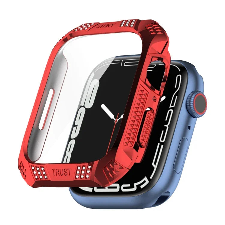 Rhombus Belt Drill + Tempered Film Integrated Case, For Apple Watch Series 9 / 8 / 7 41mm, For Apple Watch Series 9 / 8 / 7 45mm
