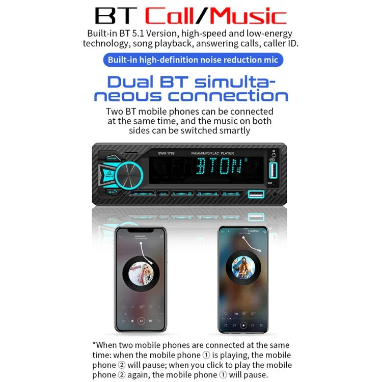 Récepteur radio de voiture SWM-1789 Bluetooth 5.1 Lecteur MP3 avec télécommande, SWM-1789