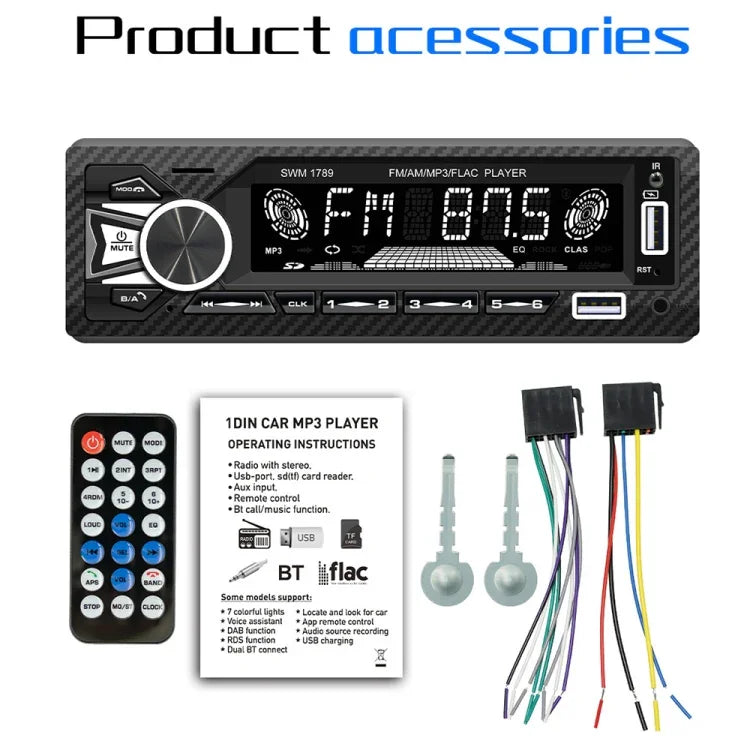 Récepteur radio de voiture SWM-1789 Bluetooth 5.1 Lecteur MP3 avec télécommande, SWM-1789