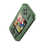 Console de jeux portable classique S8 avec écran de 3 pouces et 520 jeux intégrés, disponible en vert armée, noir et bleu.