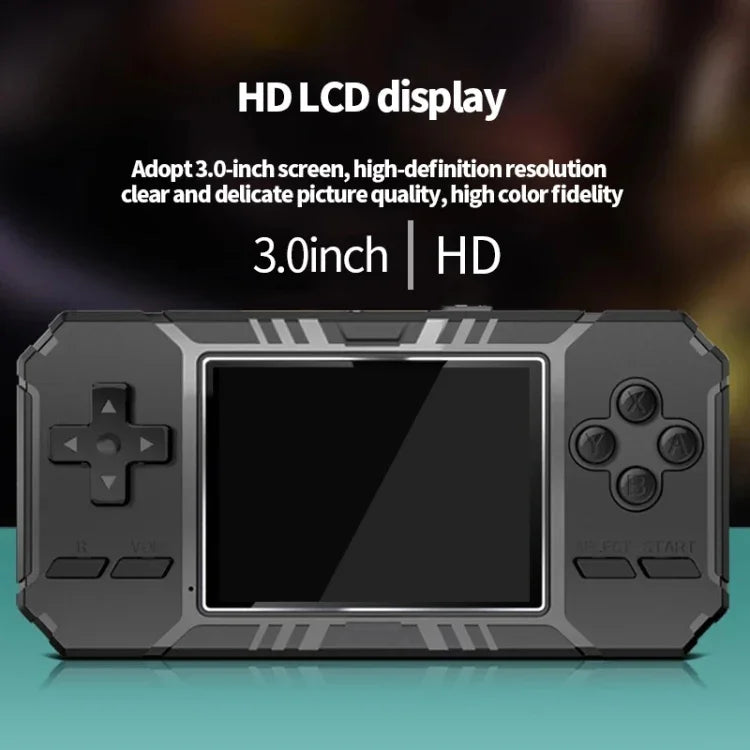 Console de jeux portable classique S8 avec écran de 3 pouces et 520 jeux intégrés, disponible en vert armée, noir et bleu.