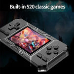 Console de jeux portable classique S8 avec écran de 3 pouces et 520 jeux intégrés, disponible en vert armée, noir et bleu.