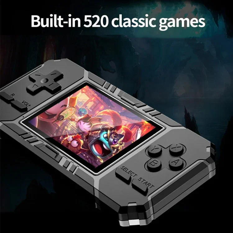 Console de jeux portable classique S8 avec écran de 3 pouces et 520 jeux intégrés, disponible en vert armée, noir et bleu.