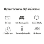 Console de jeux portable classique S8 avec écran de 3 pouces et 520 jeux intégrés, disponible en vert armée, noir et bleu.