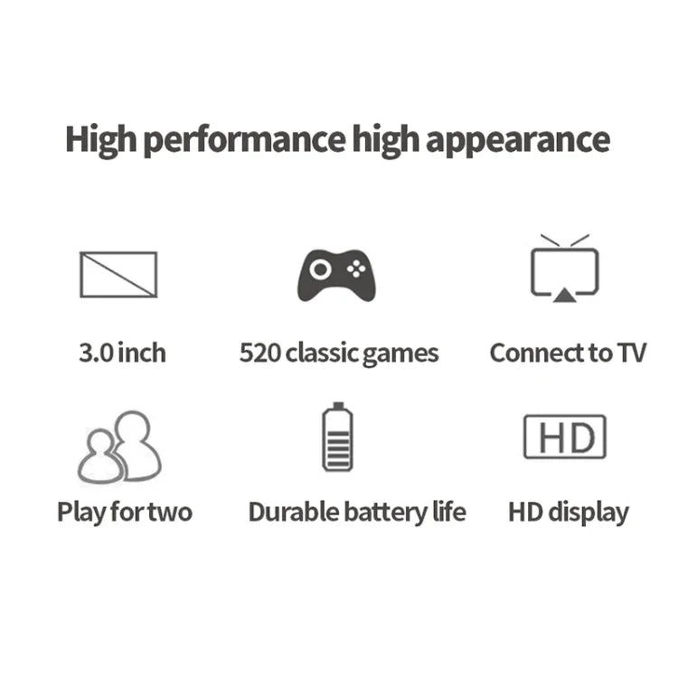Console de jeux portable classique S8 avec écran de 3 pouces et 520 jeux intégrés, disponible en vert armée, noir et bleu.