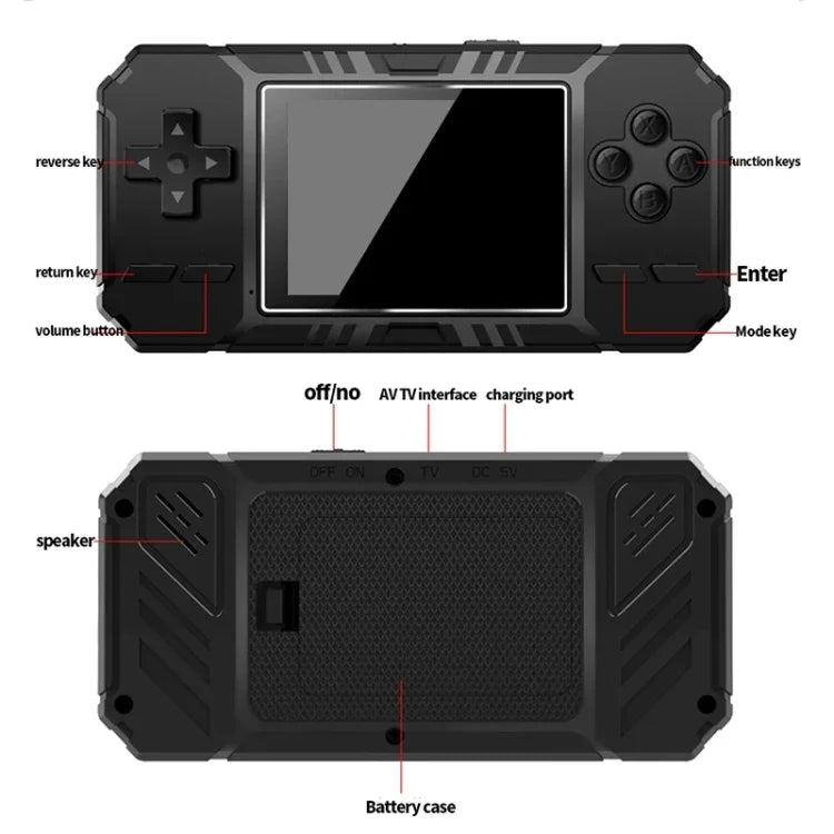 Console de jeux portable classique S8 avec écran de 3 pouces et 520 jeux intégrés, disponible en vert armée, noir et bleu.
