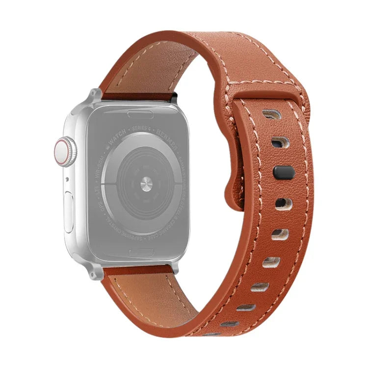 Butterfly Buckle Cowhide Leather Watchband For Apple Watch Series, 7 41mm / 6&SE&5&4 40mm / 3&2&1 38mm, 7 45mm / 6&SE&5&4 44mm / 3&2&1 42mm