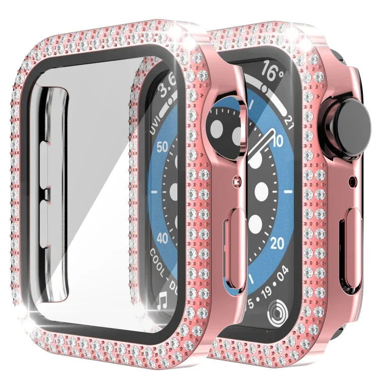 Coque de montre double rangée en PC diamant + verre trempé pour Apple Watch Series, 6&SE&5&4 40mm, 6&SE&5&4 44mm, 6&SE&5&4 40mm / 3&2&1 38mm