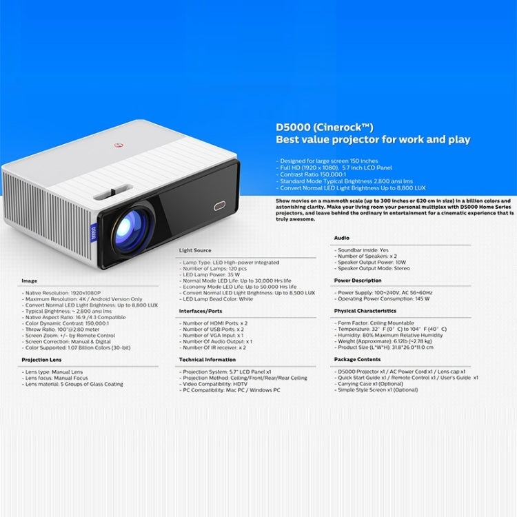 Projecteur numérique HD LCD + LED VIVIBRIGHT D5000 1920x1080P 420ANSI 6000 lumens, version basique, prise US, prise UK