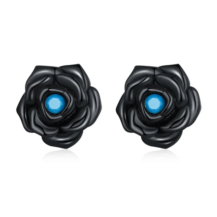 Boucles d'oreilles clous femme en argent sterling S925, roses noires, Roses noires