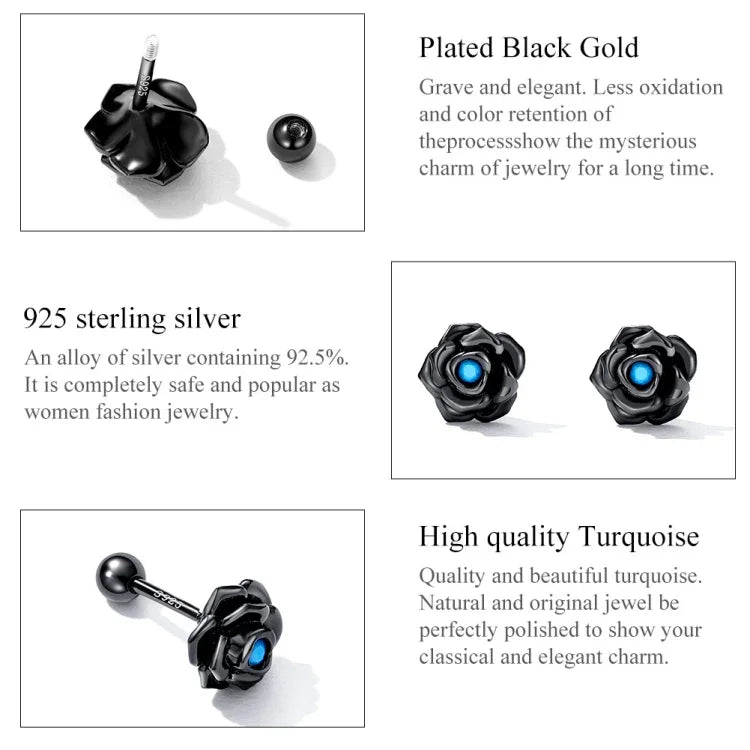 Boucles d'oreilles clous femme en argent sterling S925, roses noires, Roses noires