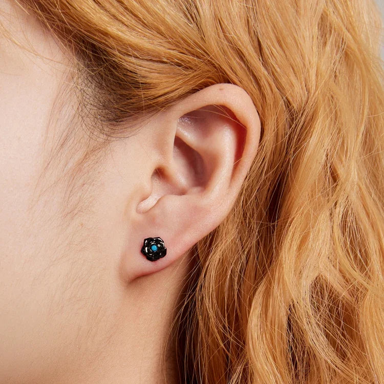 Boucles d'oreilles clous femme en argent sterling S925, roses noires, Roses noires