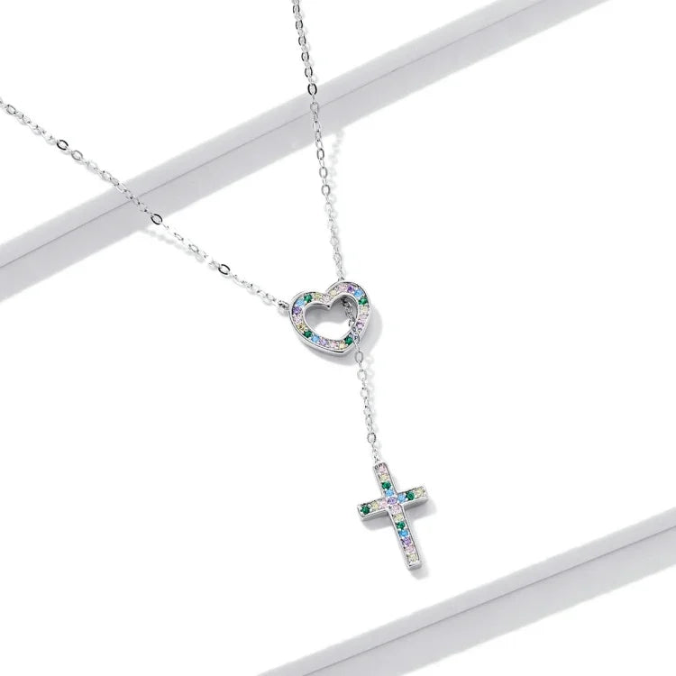 Bijoux pour femmes, collier cœur croix en argent sterling S925, cœur croix