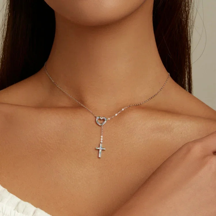 Bijoux pour femmes, collier cœur croix en argent sterling S925, cœur croix