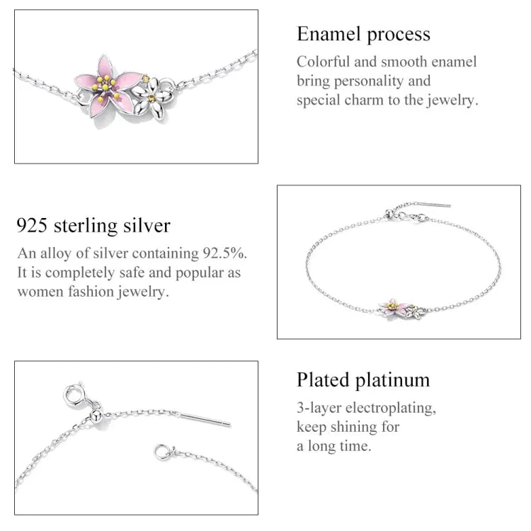 S925 Argent Sterling Bracelet Fleur de Cerisier Bijoux pour Femmes, Fleur de Cerisier