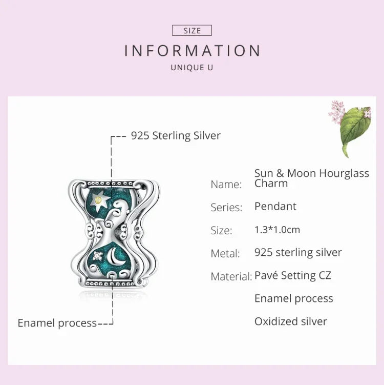 Perles Sablier Soleil Lune en Argent Sterling S925 pour Bracelet et Collier DIY, Sablier Soleil Lune