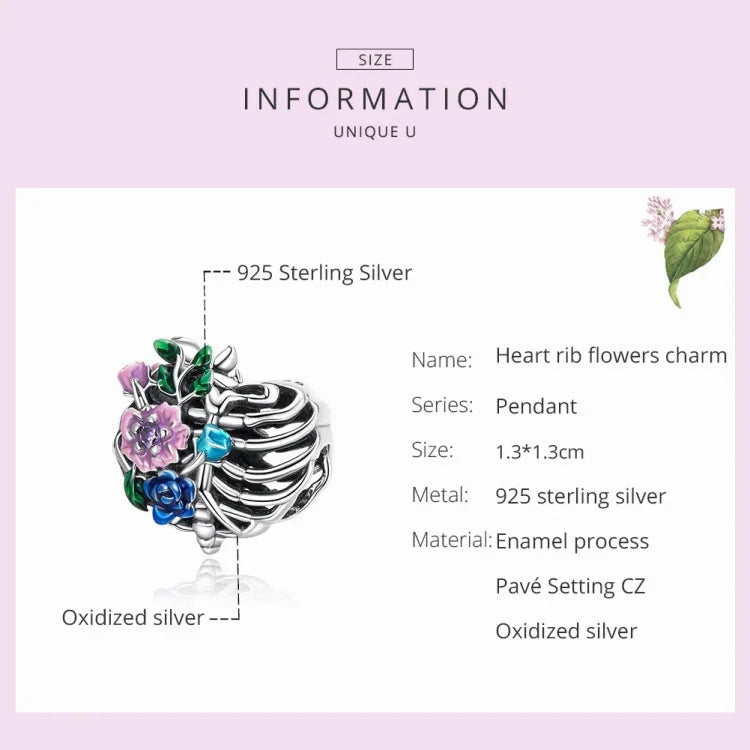 Perles de fleur nervurées en argent sterling S925 pour bracelet et collier de bricolage, fleur nervurée en forme de cœur