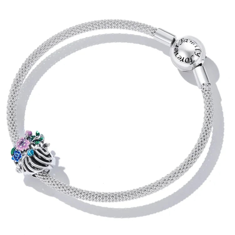 Perles de fleur nervurées en argent sterling S925 pour bracelet et collier de bricolage, fleur nervurée en forme de cœur