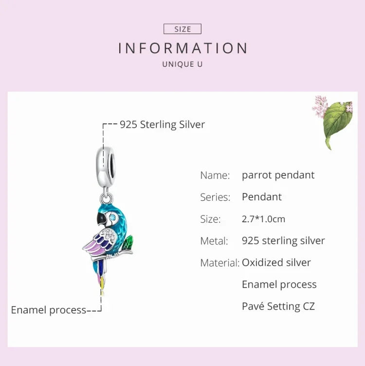 Pendentif perroquet en argent sterling S925, accessoires de collier bracelet DIY, perroquet