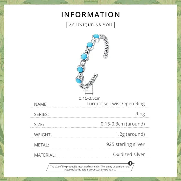 Bague ouverte pour femme en argent sterling S925, avec torsades et turquoises, torsades et turquoises