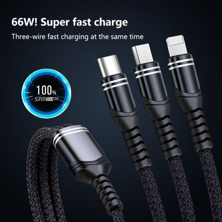 Câble de données tressé de charge rapide 6A 66W 3 en 1 USB vers 8 broches + Micro USB + USB-C / Type-C, USB vers 8 broches + Micro USB + Type-C