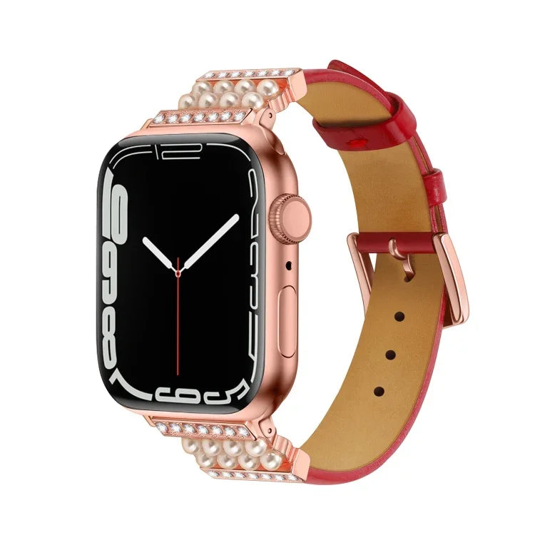 Bracelet de Montre en Cuir Perle Diamant pour Apple Watch Series, 7 41mm / 6&SE&5&4 40mm / 3&2&1 38mm, 7 45mm / 6&SE&5&4 44mm / 3&2&1 42mm