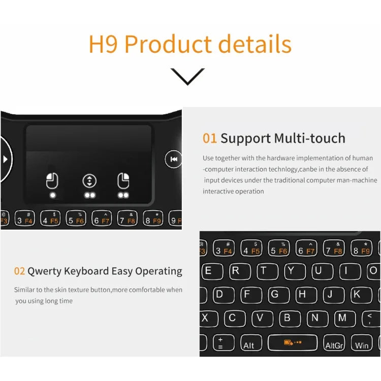 Clavier QWERTY sans fil H9 Mini 2,4 GHz avec souris aérienne, rétroéclairage blanc et pavé tactile pour PC et TV.
